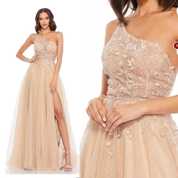 Mac Duggal 11210 gown Nude tulle asymmetrical dress beaded slit $598 New 10 - Picture 1 of 16